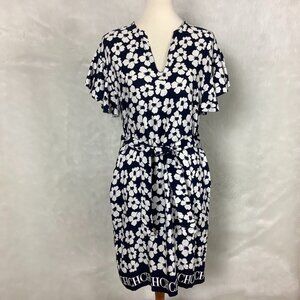 Carolina Herrera Short Sleeve Belted Blue & Ivory Floral Silk & Linen Logo Hem S